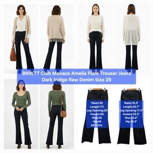 BNWTT ​Club Monaco Amelia Flare Trouser Jeans Dark Indigo Raw Denim Size 28